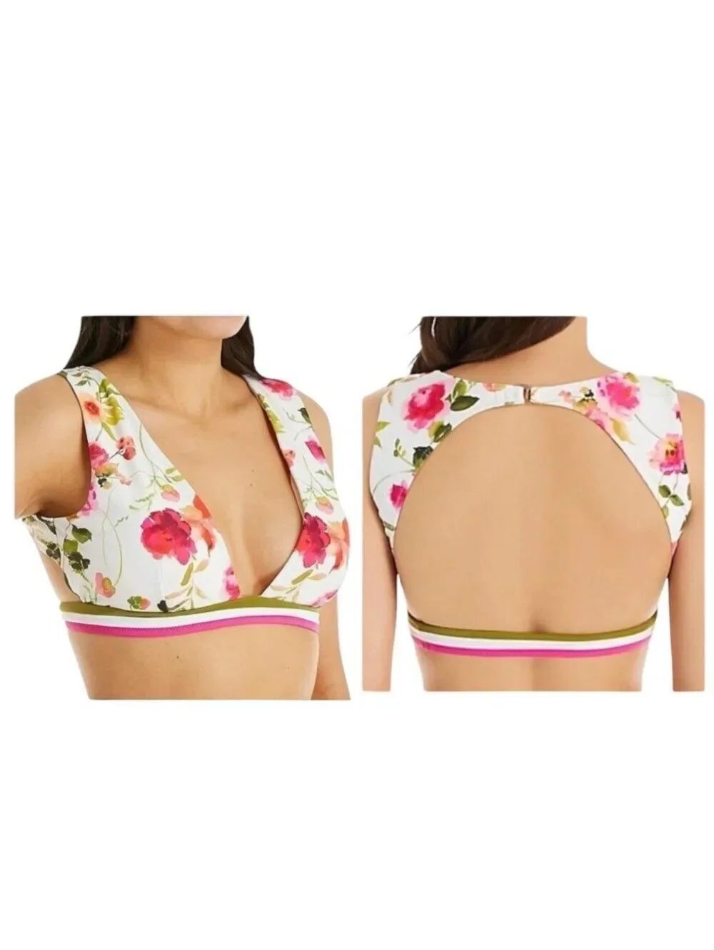 NWT Nanette Lepore Alana Apex Floral Bikini Top White Pink Size 12